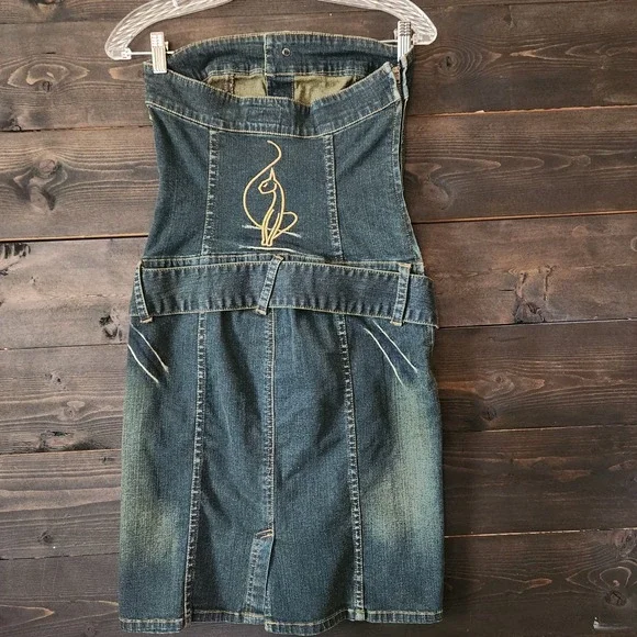 Vintage Y2K Baby Phat Denim Strapless Tube Blue Dress Cat Logo Size 1 Stretchy - Picture 7 of 12